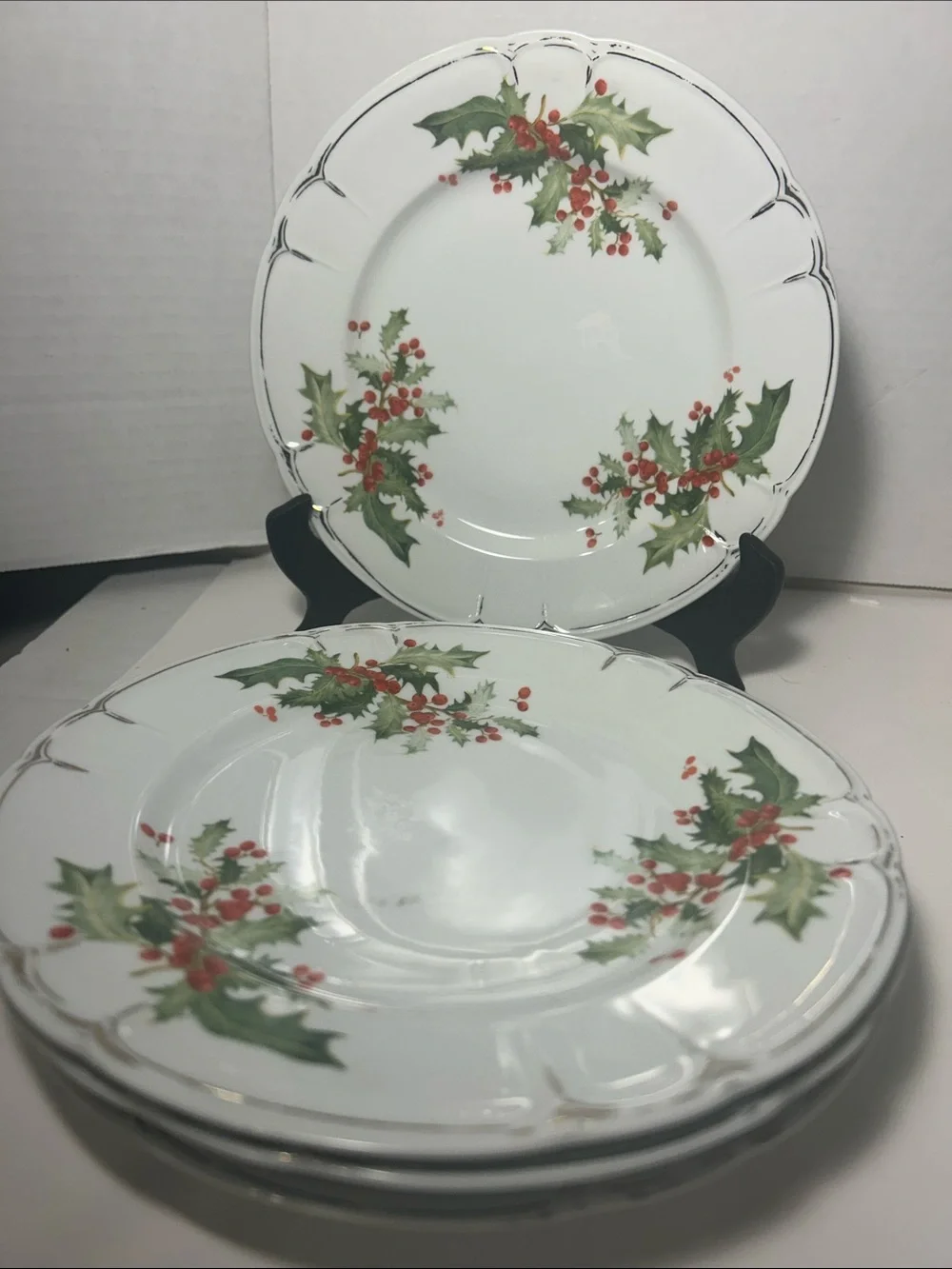 Pottery Barn White Holiday Holly Dinner Plates with Green Leaves and Red Berries